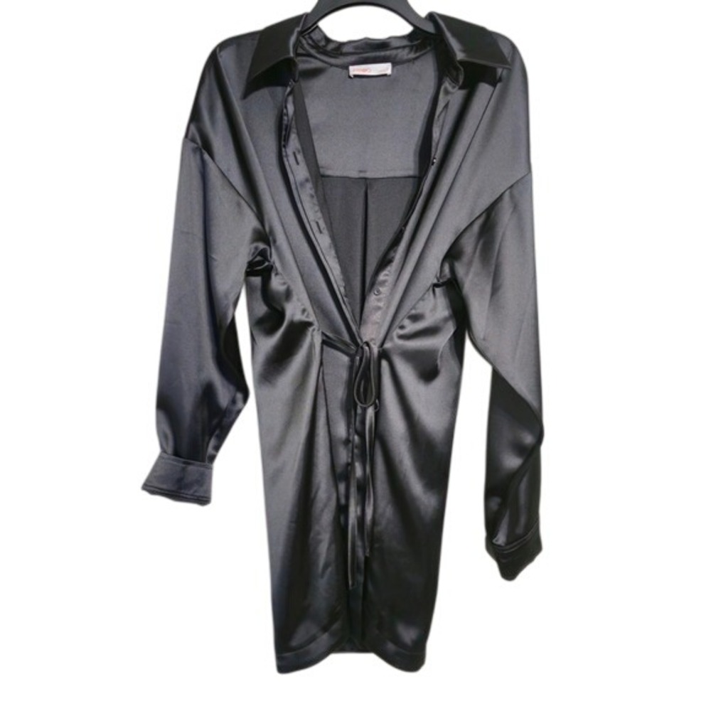 INTempo Black Satin Button Down Long Sleeve Cigar Dress Cocktail Size L EUC